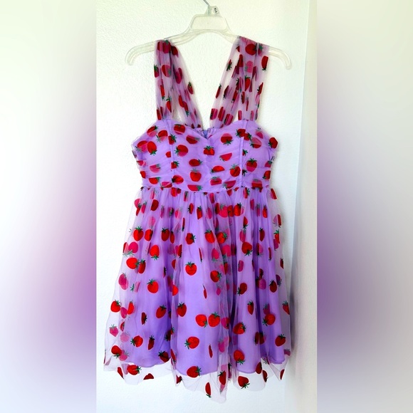 UNIQUE VINTAGE LAVENDER & RED GLITTER STRAWBERRY PRINT BABYDOLL DRESS size large - Picture 1 of 7